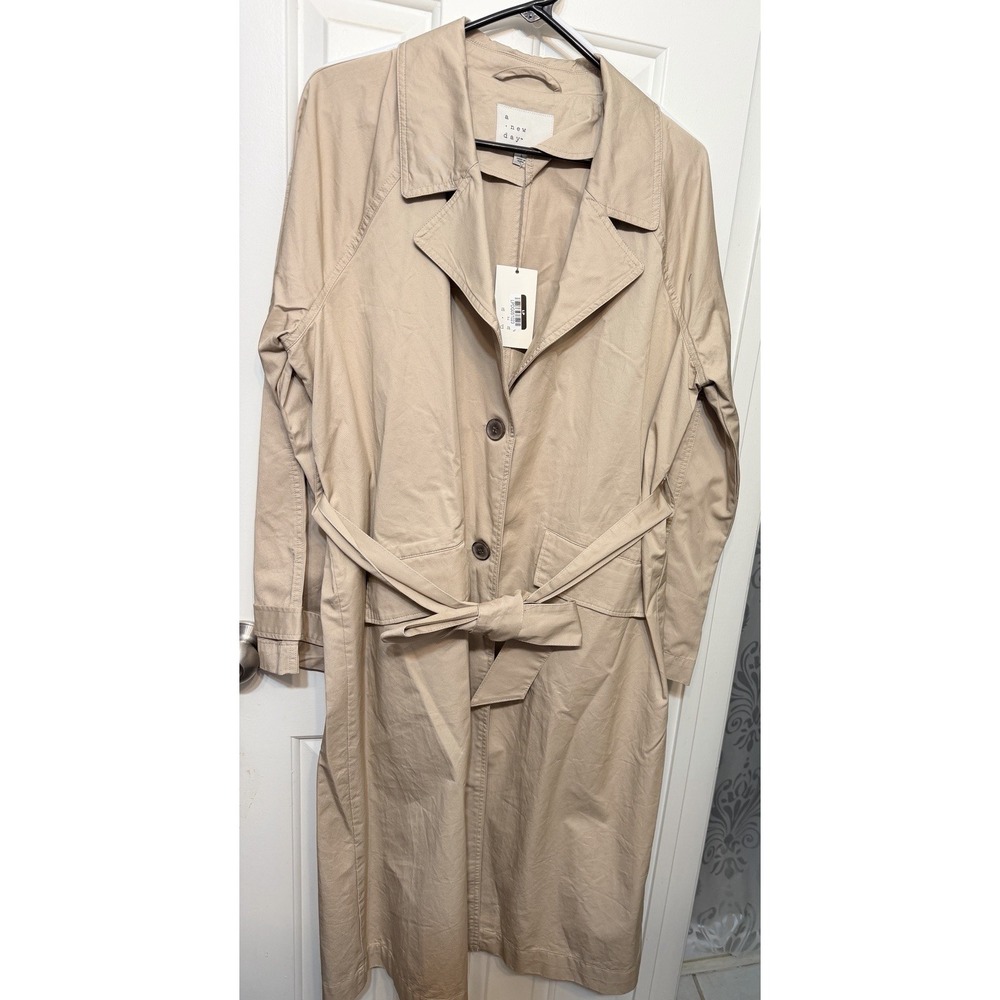 NWT A New Day Beige Belted Collared Trench Coat Buttoned Epaulette Long Large